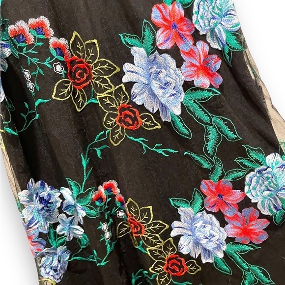 Beige by eci Black Embroidered Floral Sheer Swing Dress | Size Medium - Picture 8 of 12